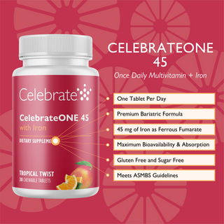 Features and benefits of Celebrate One 45 chewable bariatric multivitamin with iron, tropical twist, 30 count