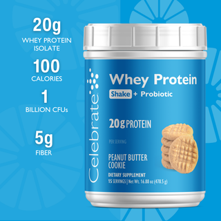 Celebrate Whey Protein Shake + Probiotic container with nutritional information on a blue background