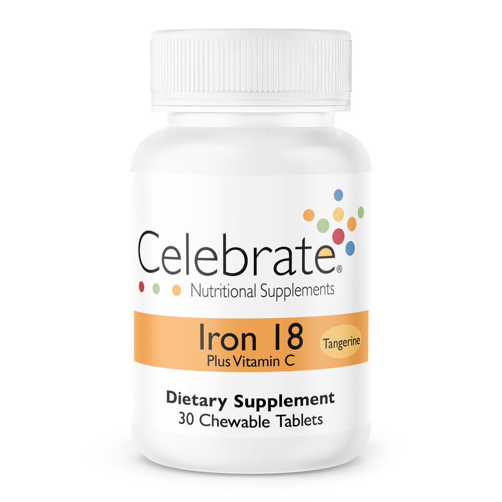 Iron 18 mg chewable tablets with vitamin C, Tangerine- 30 count bottle on white background