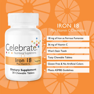 Features and benefits list of Celebrate iron 18 mg chewable tablets, tangerine, 30 count