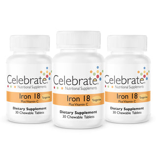 Iron 18 mg chewable tablets with Vitamin C, Tangerine, 90 count - three 30 count bottles of chewable iron tablets on white background - Celebrate Vitamins