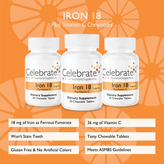 18mg Iron with Vitamin C chewable tablets, tangerine, 90 count - Features and Benefits list