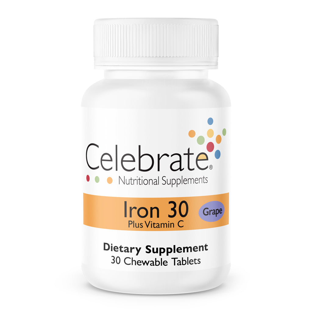 30mg Iron chewable tablets, grape, 30 count bottle on white background - Celebrate Vitamins
