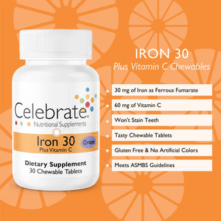 Celebrate Vitamins 30mg iron chewable tablets features and benefits list on orange background