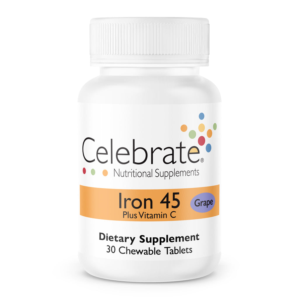 Celebrate Iron 45 mg + Vitamin C chewable tablet, grape flavor, 30 count bottle on white seamless background