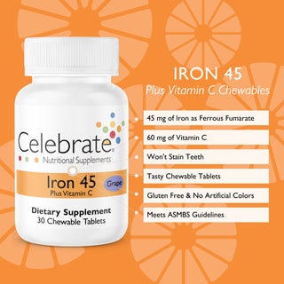 Celebrate Iron 45mg chewable tablets, grape, 30 count, features and benefits list on orange background