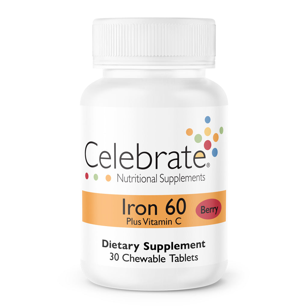 Celebrate 60 mg Iron & vitamin C chewable tablets, Berry, 30 count bottle on white background