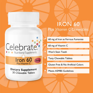 Celebrate Iron 60 mg with vitamin C chewable tablets, berry, 30 count, features and benefits