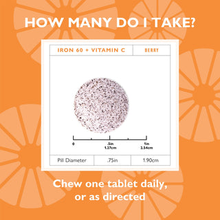 Iron tablets size and dosage of Celebrate Iron 60 mg plus vitamin C, berry, 90 count