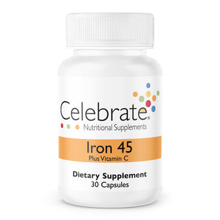 Iron + C 45 mg Capsules, 30 count bottle on white background - Celebrate Vitamins