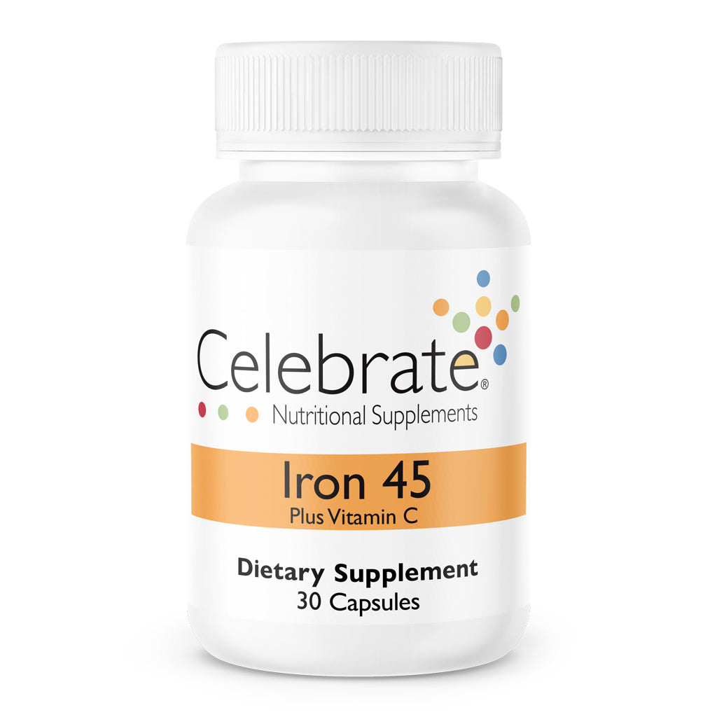 Iron + C 45 mg Capsules, 30 count bottle on white background - Celebrate Vitamins