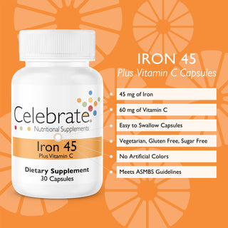 Iron + C 45 mg capsules features and benefits list on orange background - Celebrate Vitamins