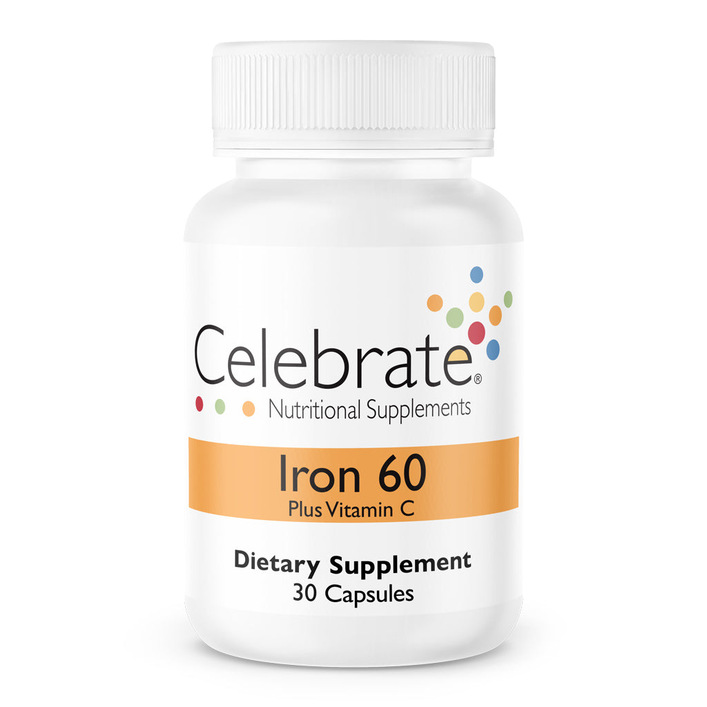 Celebrate Vitamins Iron + C 60mg capsules, 30 count bottle on white background
