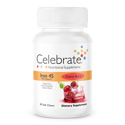 Celebrate Vitamins Iron plus Vitamin C, 45mg iron, soft chew, cherry burst flavor bottle