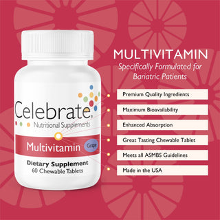 Celebrate Vitamins Iron Free Bariatric Multivitamin Chewable, Grape, 60 count bottle on red brand background with key features