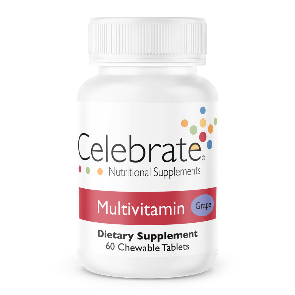 Celebrate Vitamins Iron Free Bariatric Multivitamin Chewable, Grape, 60 count bottle on white seamless background