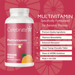 Celebrate Vitamins Iron Free Bariatric Multivitamin Chewable, Mandarin Orange, 60 count - Bottle with key features callouts on red branded background