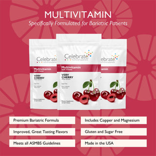 Celebrate Vitamins bariatric multivitamins soft chews- cherry, 180 count - multivitamin soft chews pouch with key features list