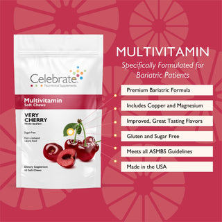 Celebrate Vitamins bariatric multivitamins soft chews- cherry, 60 count - multivitamin soft chews pouch with key features list