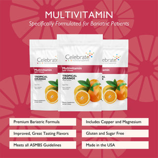 Celebrate Vitamins bariatric multivitamins soft chews- tropical orange, 180 count - multivitamin soft chews pouch with key features list