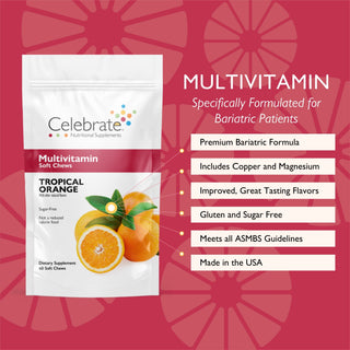 Celebrate Vitamins bariatric multivitamins soft chews- tropical orange, 60 count - multivitamin soft chews pouch with key feature list