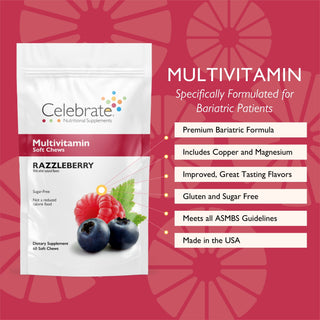 Celebrate Vitamins bariatric multivitamin soft chews, razzleberry, 60 count- soft chew features and benefits on red background