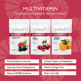 Celebrate Vitamins bariatric multivitamins soft chews- RTV Variety Pack, 180 count - multivitamin soft chews pouch with features list