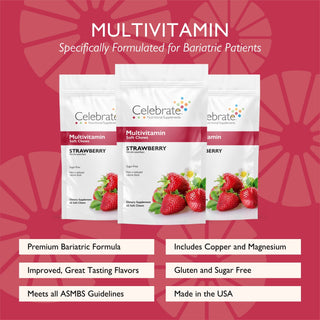 Celebrate Vitamins bariatric multivitamins soft chews-strawberry, 60 count - multivitamin soft chews pouch with features list