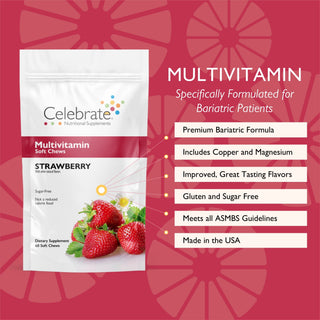 Celebrate Vitamins bariatric multivitamins soft chews-strawberry, 60 count - multivitamin soft chews pouch with key features list