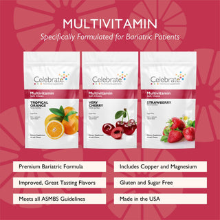 Celebrate Vitamins bariatric multivitamins soft chews- STV Variety Pack, 180 count - multivitamin soft chews pouch with key features list