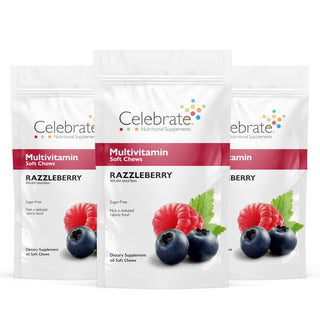 Celebrate Vitamins bariatric multivitamin soft chews, razzleberry, 180 count-  soft chews pouch on white background