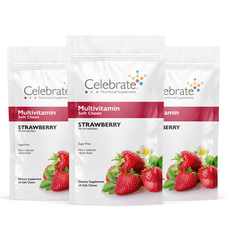 Celebrate Vitamins bariatric multivitamins soft chews-strawberry, 180 count - multivitamin soft chews pouch on white background