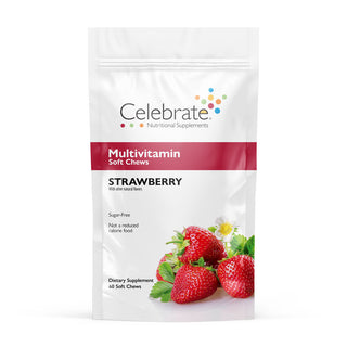 Celebrate Vitamins bariatric multivitamins soft chews-strawberry, 60 count - multivitamin soft chews pouch on white background