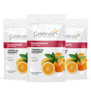 Celebrate Vitamins bariatric multivitamins soft chews- tropical orange, 180 count - multivitamin soft chews pouch on white background