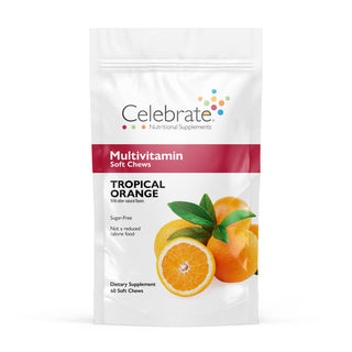 Package of Celebrate Multivitamin Soft Chews in Tropical Orange flavor on a white background