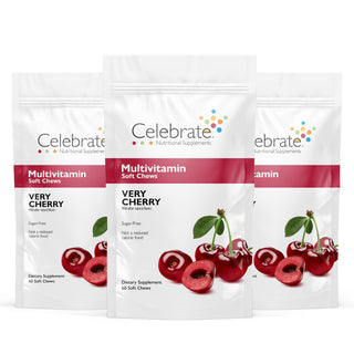 Celebrate Vitamins bariatric multivitamins soft chews- cherry, 180 count - multivitamin soft chews pouch on white background