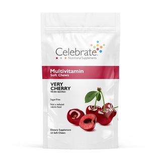 Celebrate Vitamins bariatric multivitamins soft chews- cherry, 60 count - multivitamin soft chews pouch on white background