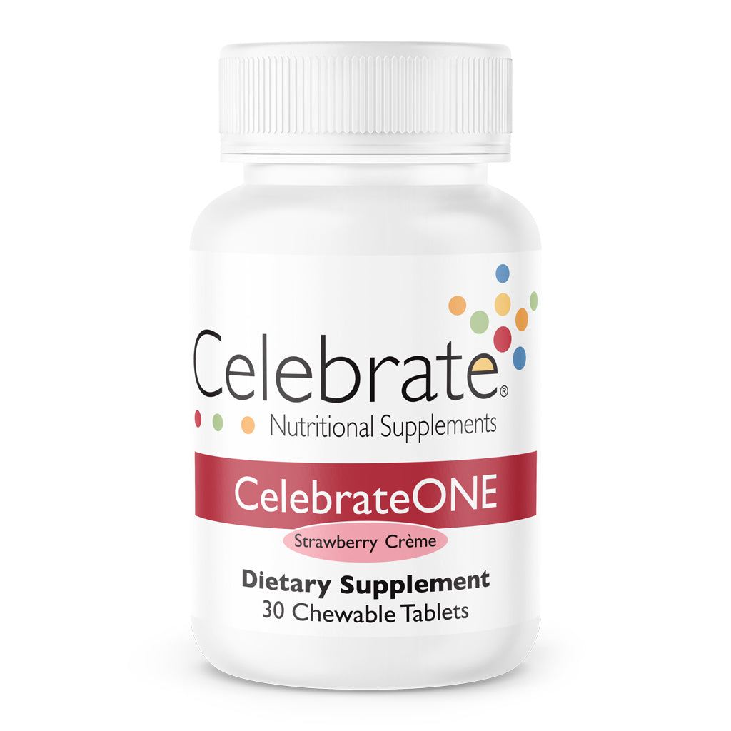 Celebrate Vitamins CelebrateOne Bariatric One a Day Multivitamin Chewable, Iron Free, Strawberry - 30 count bottle on white background