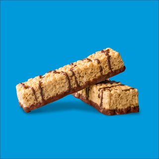 Two Choco-Vanilla Crisp bariatric protein bars displayed on a blue background - Celebrate Vitamins 