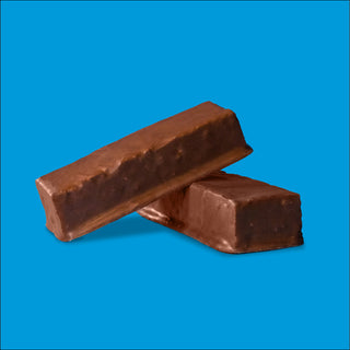 2 chocolate crisp protein bars overlapping each other on a blue background 