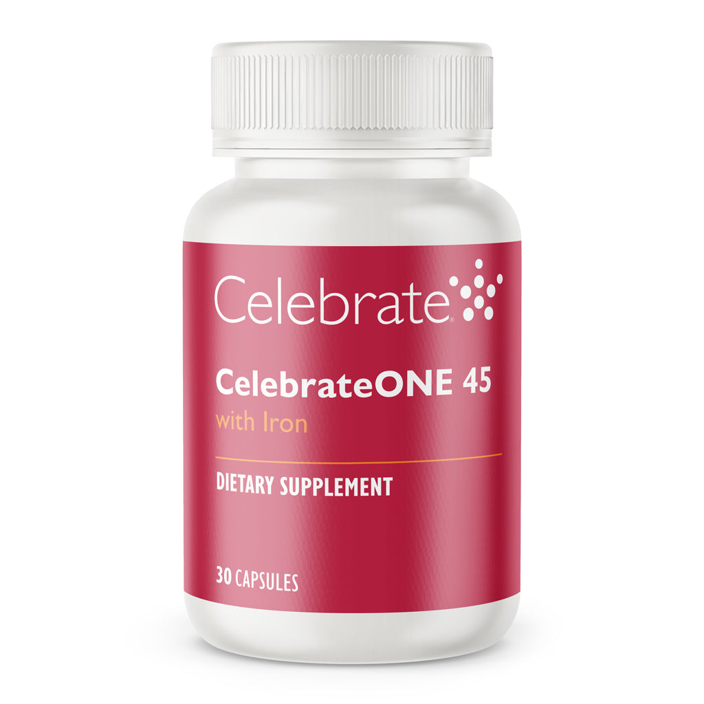 Bottle of CelebrateONE 45 bariatric one a day multivitamin with iron capsules, 45mg Iron, 30 count