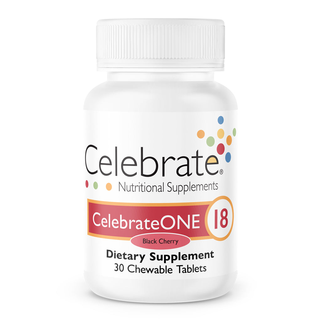 30 count bottle of CelebrateONE 18 chewable bariatric multivitamins with iron, black cherry