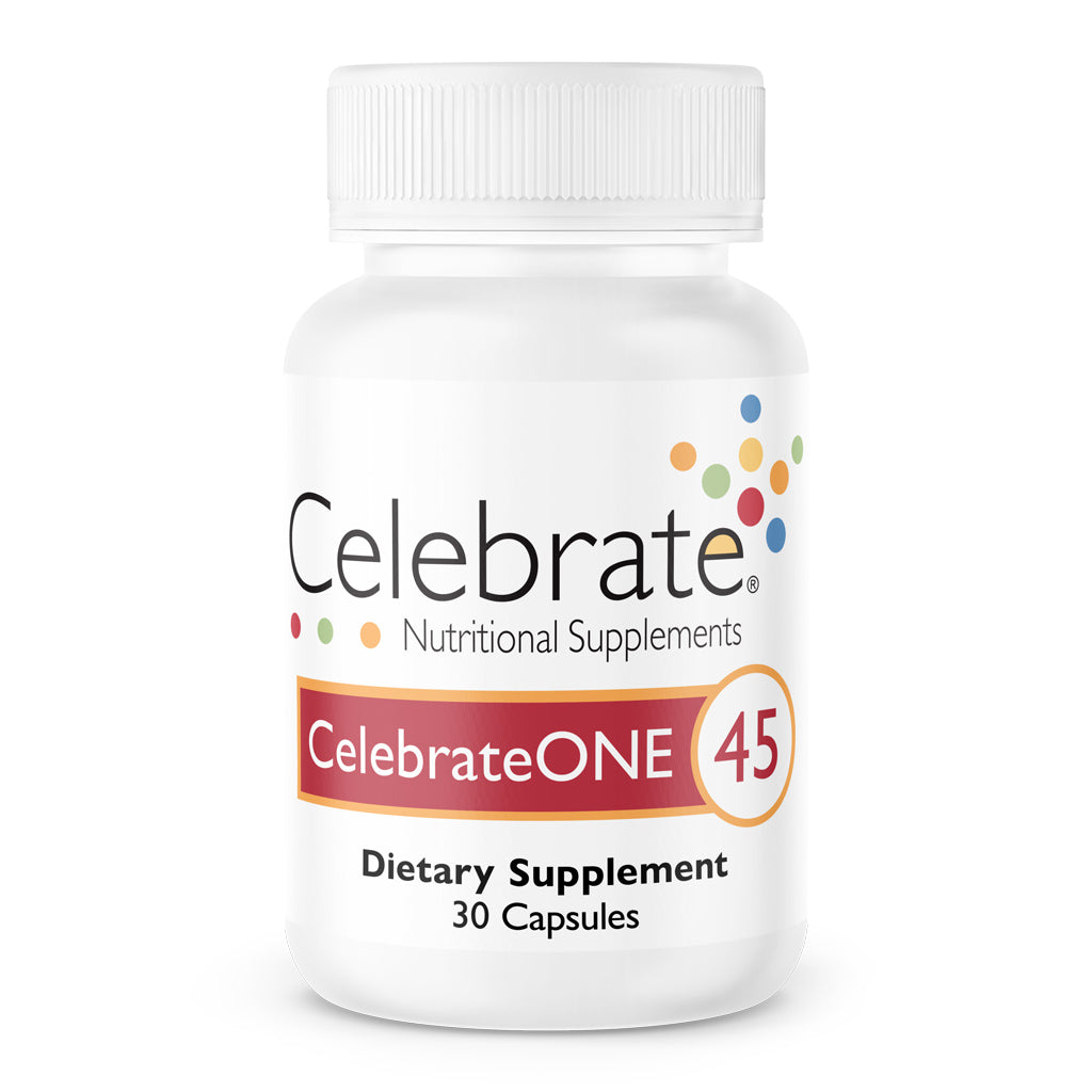 Bottle of CelebrateONE 45 bariatric one a day multivitamin with iron capsules, 45mg Iron, 30 count