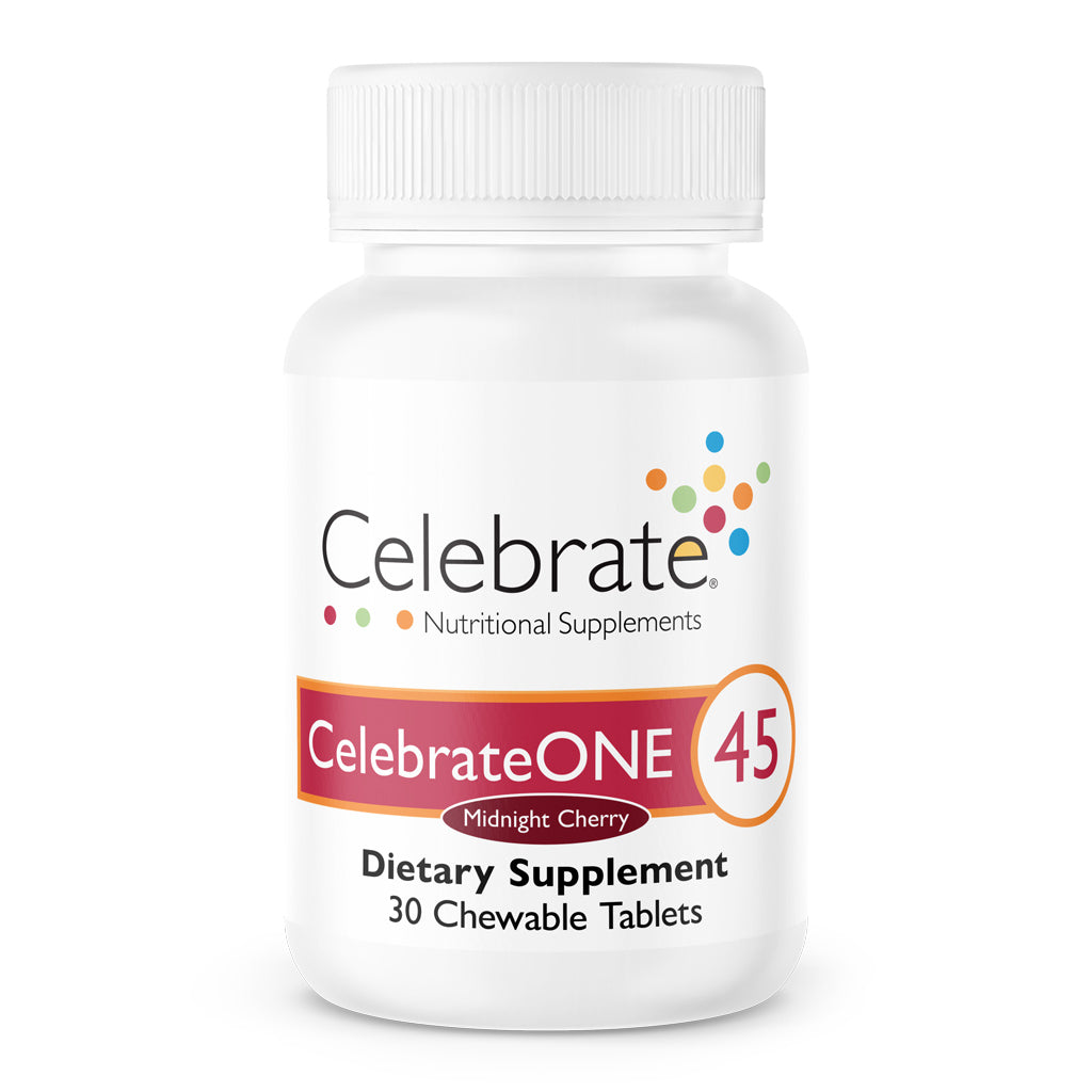 30 count bottle of Celebrate One 45 chewable bariatric multivitamin with iron, midnight cherry