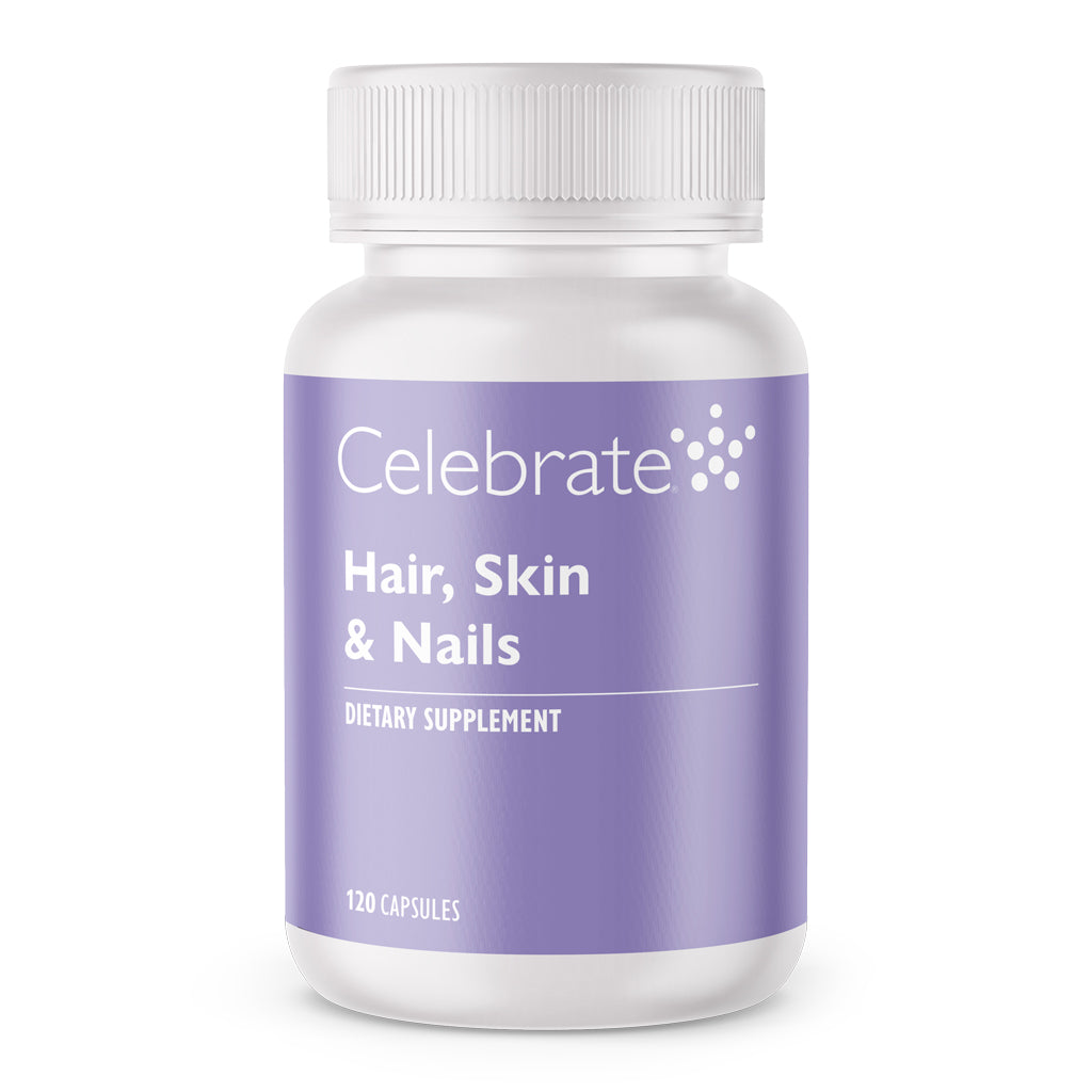 Celebrate Vitamins Hair, Skin, and Nails Supplement, 120 count bottle on white background