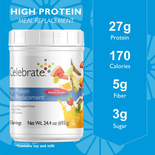 Image of Celebrate's meal replacement protein powder shakes in Bahama Breeze key nutrition facts