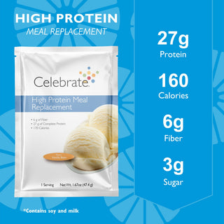 Image of Celebrate's meal replacement protein powder shakes in Vanilla Bean key nutrition facts
