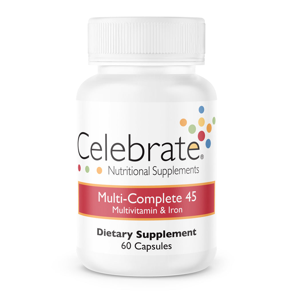 60 count bottle of Multi-Complete 45 bariatric multivitamin with iron capsules