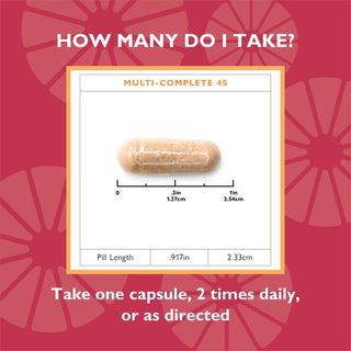 Capsule size of Multi-Complete 45 bariatric multivitamin with iron capsules