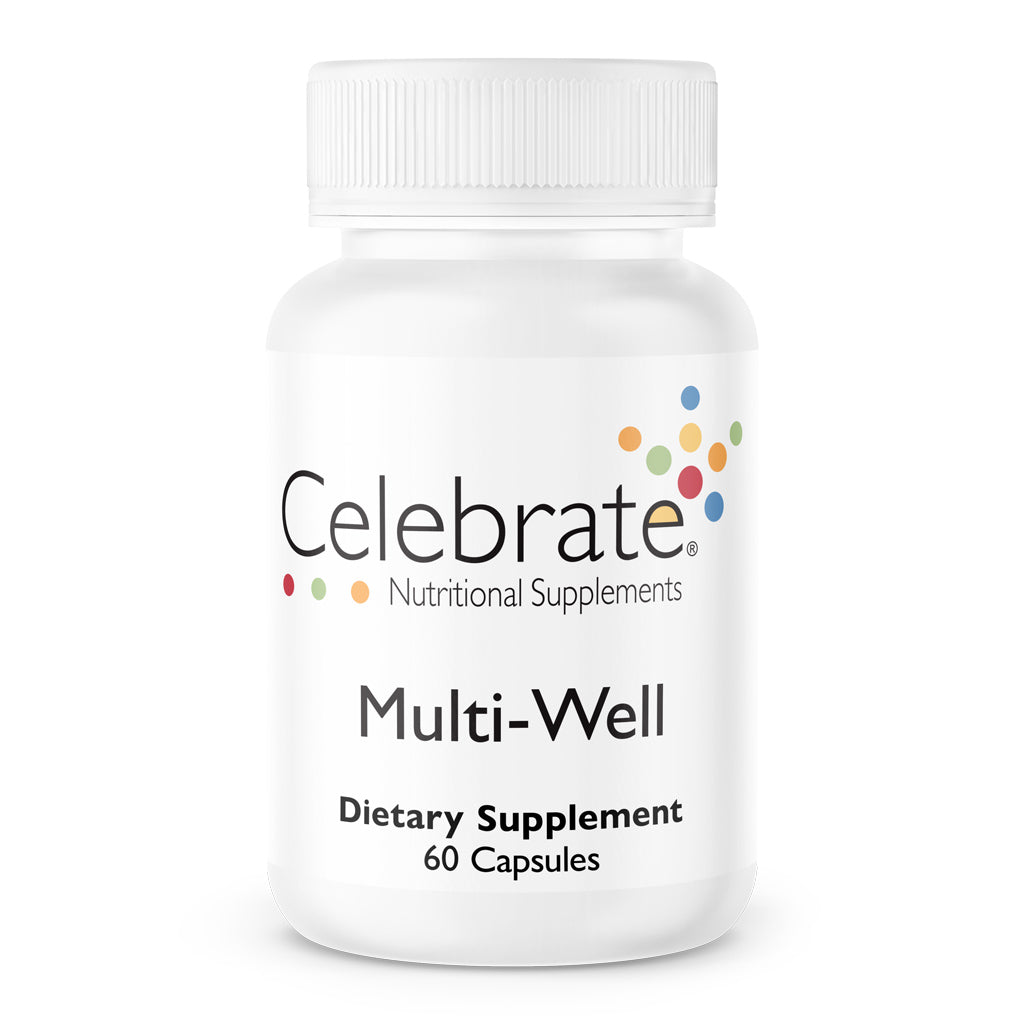 Multi-Well Multivitamin with iron capsules, 60 count bottle on white background - Celebrate Vitamins